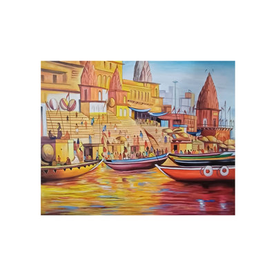 Floating Boats At Ghat | Oil Painting On Canvas | By Jagriti Bhardwaj