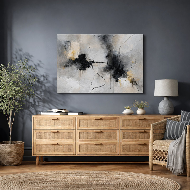 Abstrait, encre beige noire, art moderne, impression sur estampe numérique sur toile encadrée, H 16 po x l 24 po x P 1,5 po