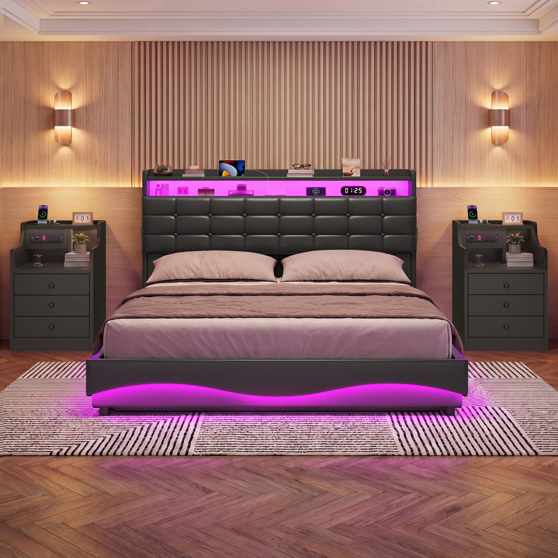 Ensemble de chambre à coucher complète 3 pièces avec lit et 2 tables de chevet, noir, Full, Black