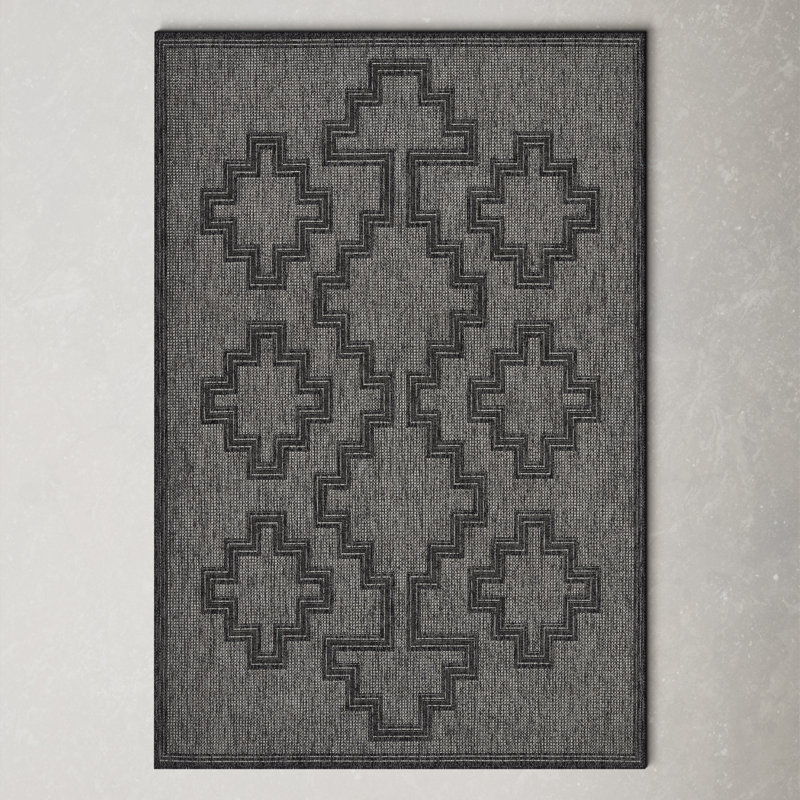Ava Rectangular Black and Gray Synthetic Indoor/Outdoor Rug