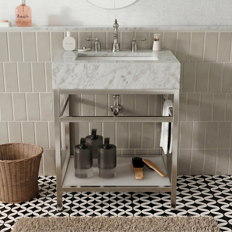 24" Natural Carrara Marble Console Bathroom Vanity, Silver, 24"