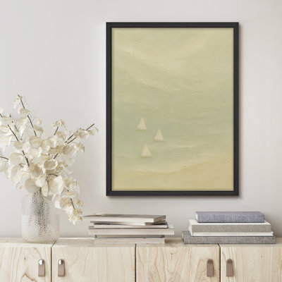 Reproduction d'art encadrée - voiliers pastel doux sur la mer, art minimaliste côtier calme pour les chambres de bébé ou les espaces de plage