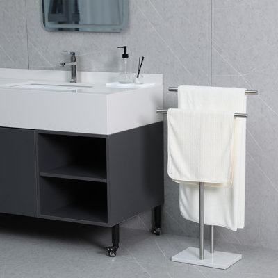 Free Standing Towel Rack, with Marble Base, Stand Alone 2 Tier Stainless Steel Towel Rack for Bathroom Floor, Heavy Marble Base, Double T Shape Drying Stand for Towels, (Brushed Nickel)