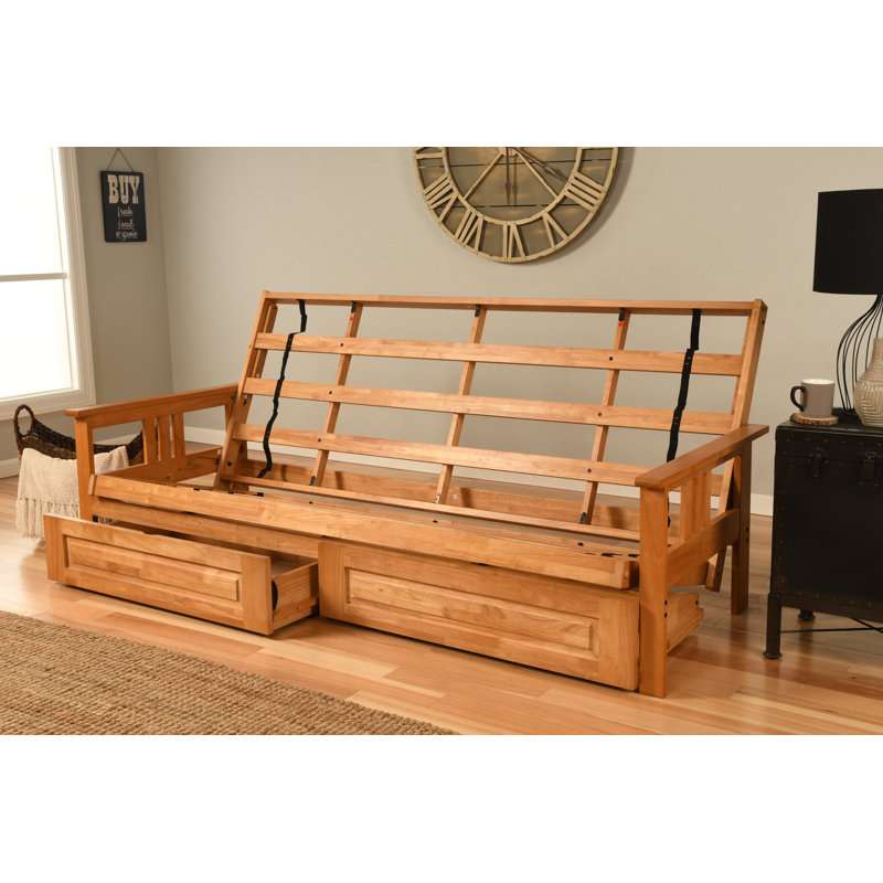 Stratford 86" Queen Futon and Mattress with Drawer set, Blue Microsuede, Butternut, Innerspring