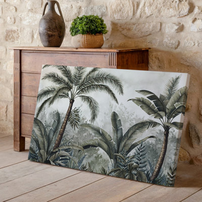 Toile, scène sereine de la jungle avec de grands palmiers élégants avec art mural, larges frondes arquées entourées de feuillage tropical luxuriant