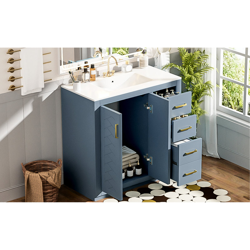 Meuble-lavabo de 36 pouces avec lavabo en céramique, structure en bois massif, 3 tiroirs, portes à fermeture douce, planches, rangement spacieux pour les essentiels, design rétro, poignées exquises, glissière à tiroir lisse, rainure unique