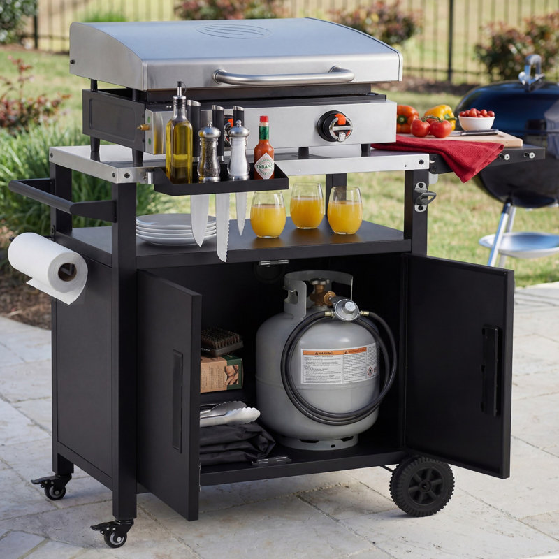 Chariot de barbecue extérieur avec rangement, table pliable et plateau en acier inoxydable pour des expériences polyvalentes de cuisson de barbecue et de pizza
