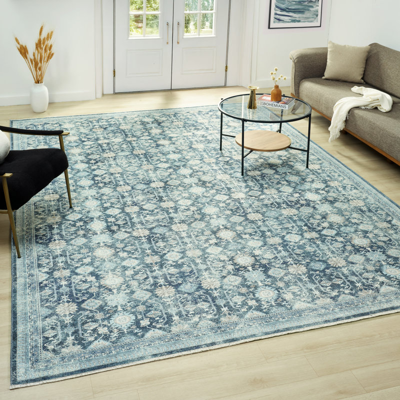 Tapis en coton tissé à la machine Aldora Glacier Indigo, Rectangle 7 pi 6 po x 9 pi 6 po