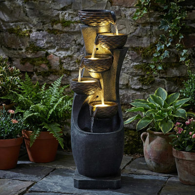 35.98" Tall Garden Water Fountain, 6-Tier Outdoor Floor-Standing Cascading Waterfall Fountain With 4 Led Lights & Pump, Textured Relief Resin Water Feature For Patio, Yard, Porch & Home Art Décor