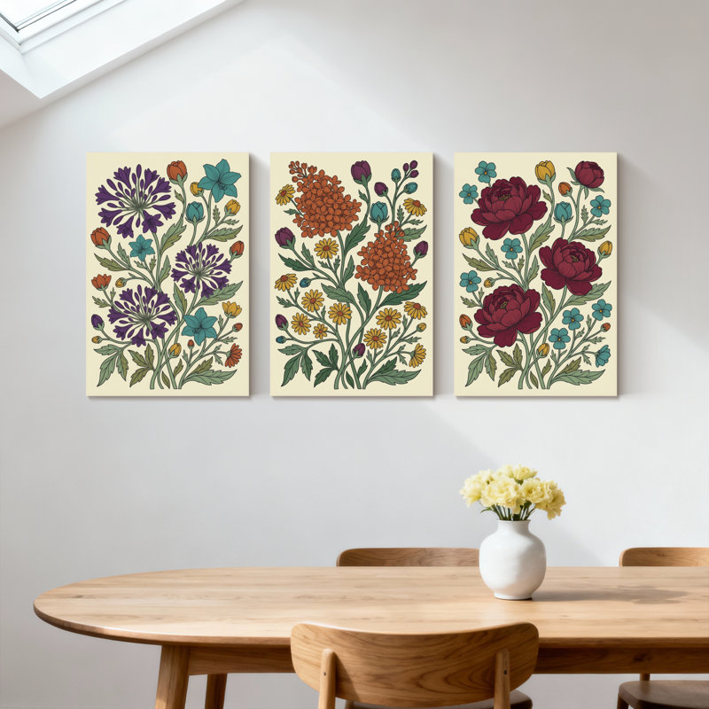 Plantes et fleurs, motif floral avec couleurs vives et feuilles détaillées, ensemble de 3 impressions murales sur toile