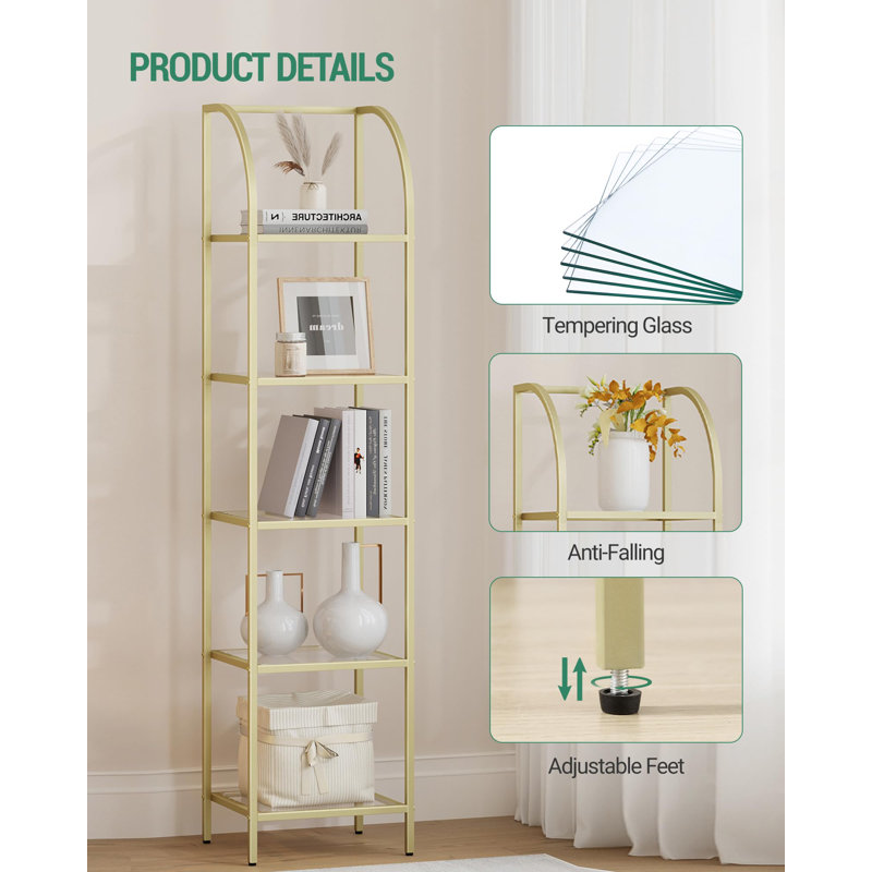 5-Tier Bookcase Bookshelf,Gold Finish Arched Glass Bookcase, 59.1" H x 59.1" W x 13.8" D