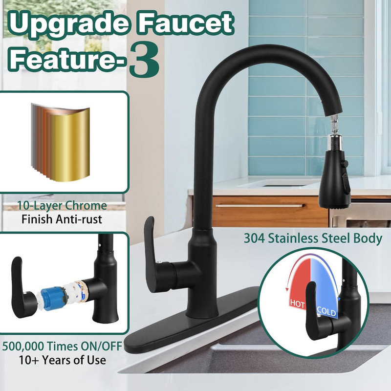 Matte Black Stainless Steel Pull-Down Kitchen Faucet with Soap Dispenser