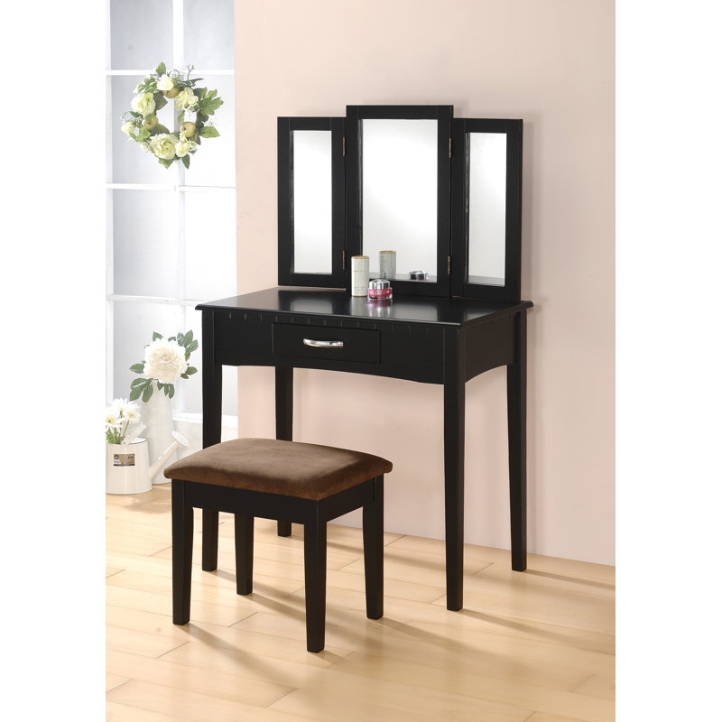 Ensemble coiffeuse en bois massif avec miroir, Noir