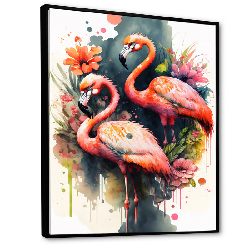 Mignon flamants roses - Peinture sur toile, H 32 po x l 24 po x P 1 po, Cadre flottant noir