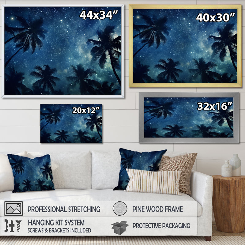 «Sapphire Magical Palm Tree Night», reproduction sur toile, H 24 po x l 32 po x P 1 po, Cadre flottant doré