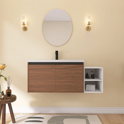 Meuble-lavabo mural Earnby de 122 cm (48 po) avec lavabo en résine, petites étagères de rangement, tablette réglable, portes à fermeture amortie, brun ébène