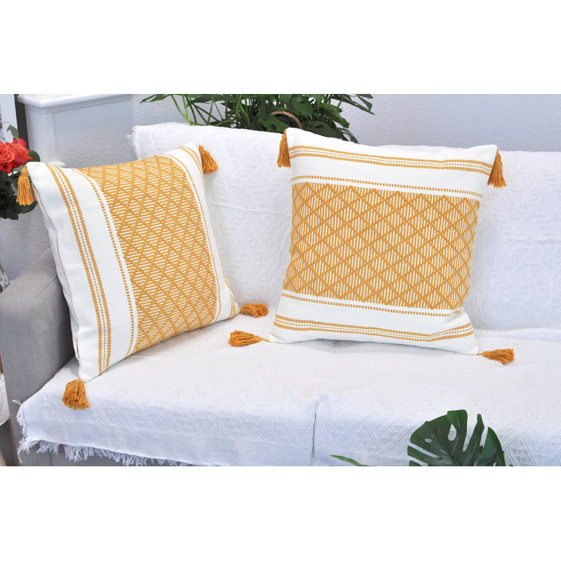 Woven Pillow Covers With Tassels, Geometric Pattern Pillowcases For Outdoor / Indoor (Set of 2), 18" x 18", Yellow