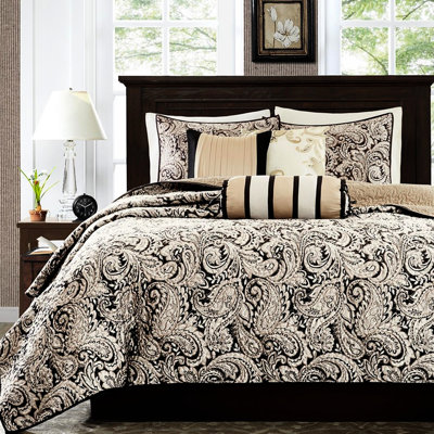 Courtepointe noire 6 pièces avec coussins décoratifs grand / grand noir, tissu, revers en microfibre, rembourrage en coton, broderie ornementale, 6 délicats lavables, rembourrage pour la détente, décoration facile