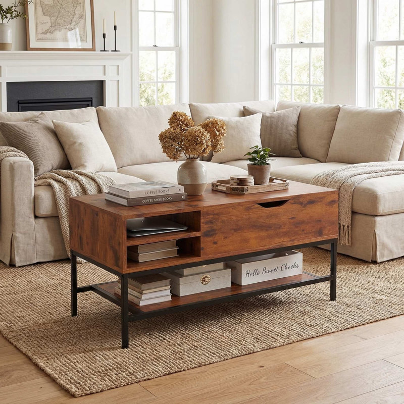 Table basse moderne à plateau relevable multifonctionnel avec compartiment de rangement spacieux et caché et tablette de rangement amovible pour salon, salon, réception, bureau à domicile