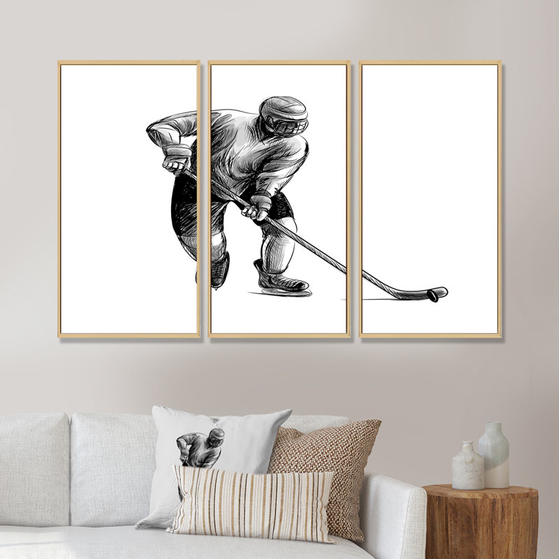 Esquisse d'un joueur de hockey dans un sport d'hiver - reproduction de cadre flottant 3 pièces sur toile, Cadre naturel