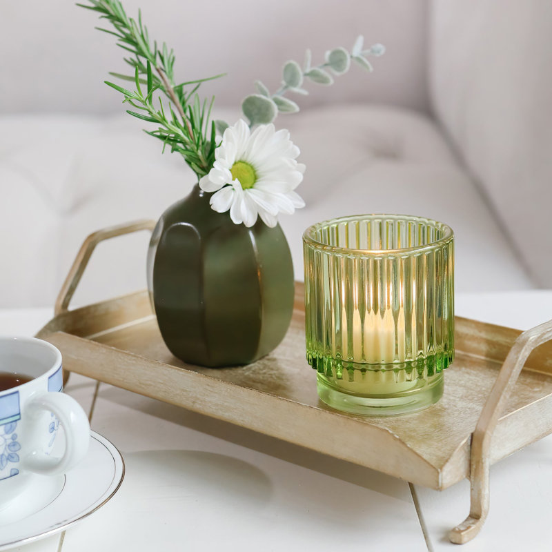 Porte-bougies vintage rétro en verre nervuré vert