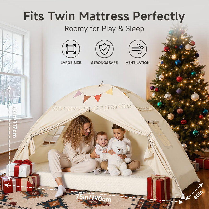 Auvent pour tente de lit pour tout-petits: lumières et drapeaux, tente intérieure, lit simple, tente de jeu pour enfants, rideaux de lit simple, maisonnette de jeu