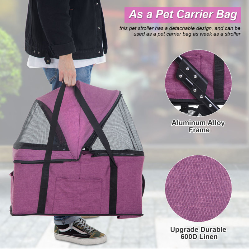 Purple 3-in-1 Stainless Steel Pet Stroller with Detachable Carrier