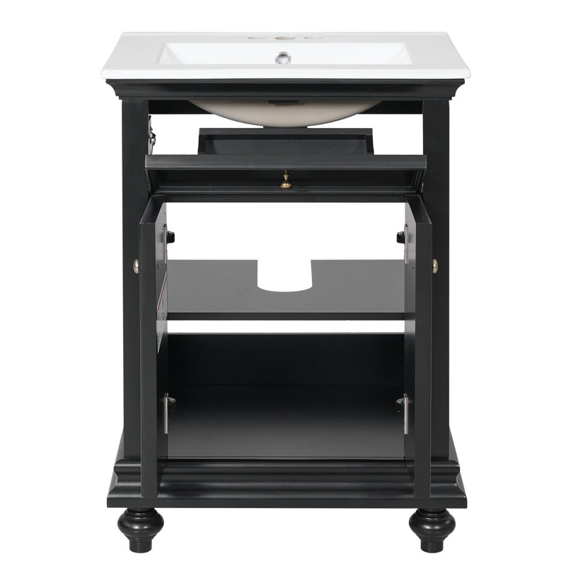 Meuble-lavabo moderne de 24 po avec tiroir à bout et charnières à fermeture en douceur, armoire de salle de bain avec structure ouverte au dos, pieds tournés en boule avec élégance française