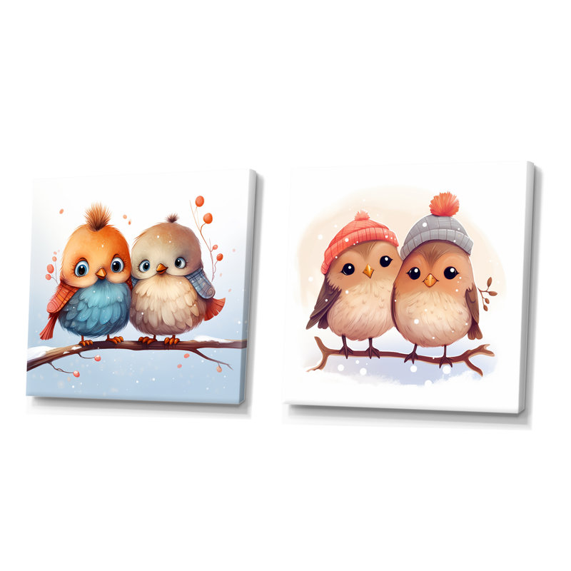 «Winter Winter Bird Lovers For Nursery I», ensemble de 2 reproductions d'art sur toile, Toile tendue