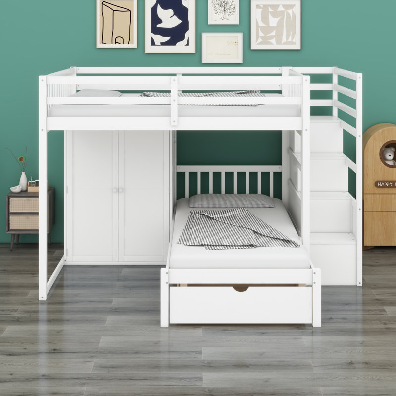 Lit superposé avec garde-robe, tiroirs, Blanc