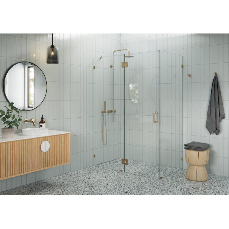 Halo 57 in. x 34 in. x 78 in. 90-degree Fully Frameless Glass Hinged Shower Enclosure, Brushed Bronze