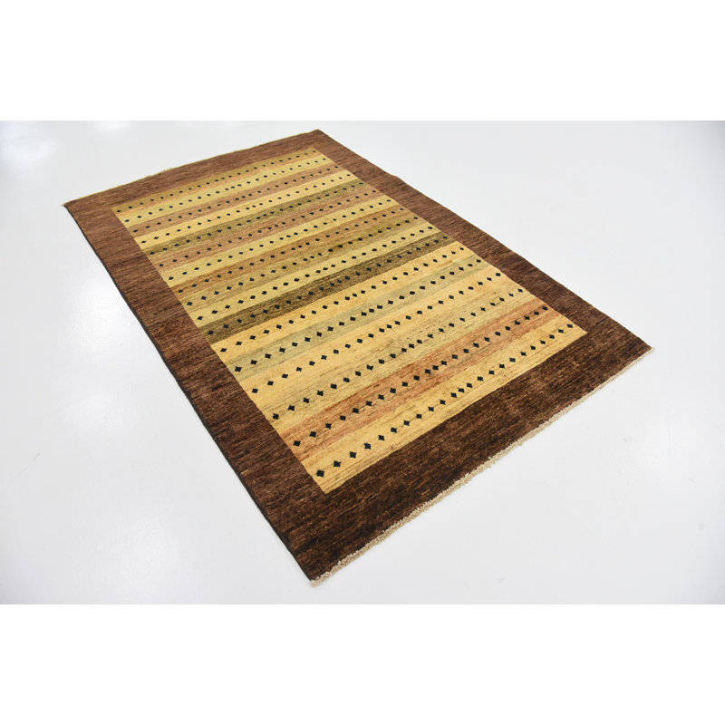 Tapis en laine brun/beige 4 pi x 6 pi 2 po one-of-kind à la main noué la new age Nash