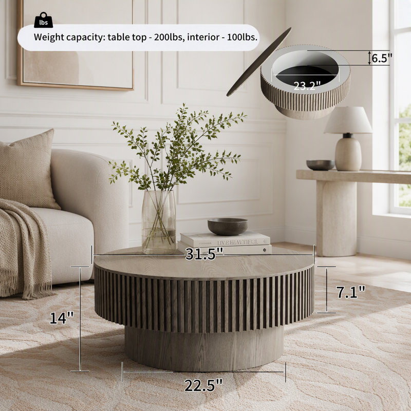 Table basse ronde avec rangement caché, 32 lb, Gris