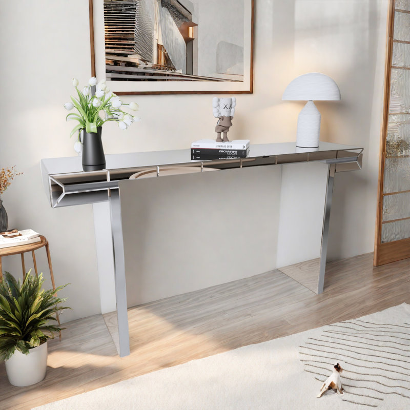 Luxury Full-length Mirror Console Table With Fluted Tempered Glass And Rounded Edge