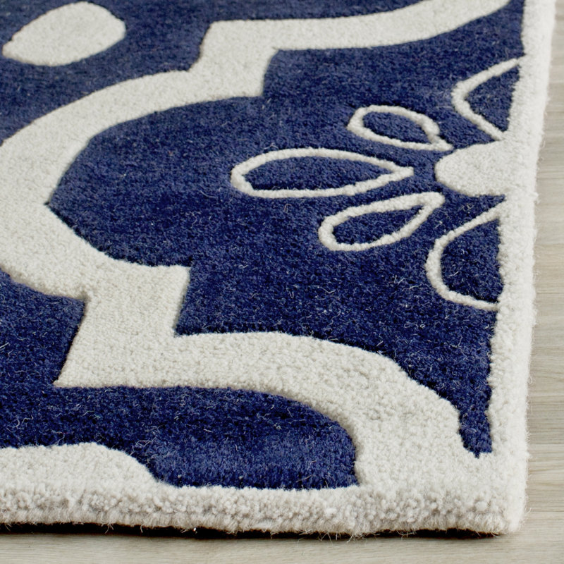 Tapis bleu foncé / ivoire en laine touffeté à la main Carolene, Carré 5 pi