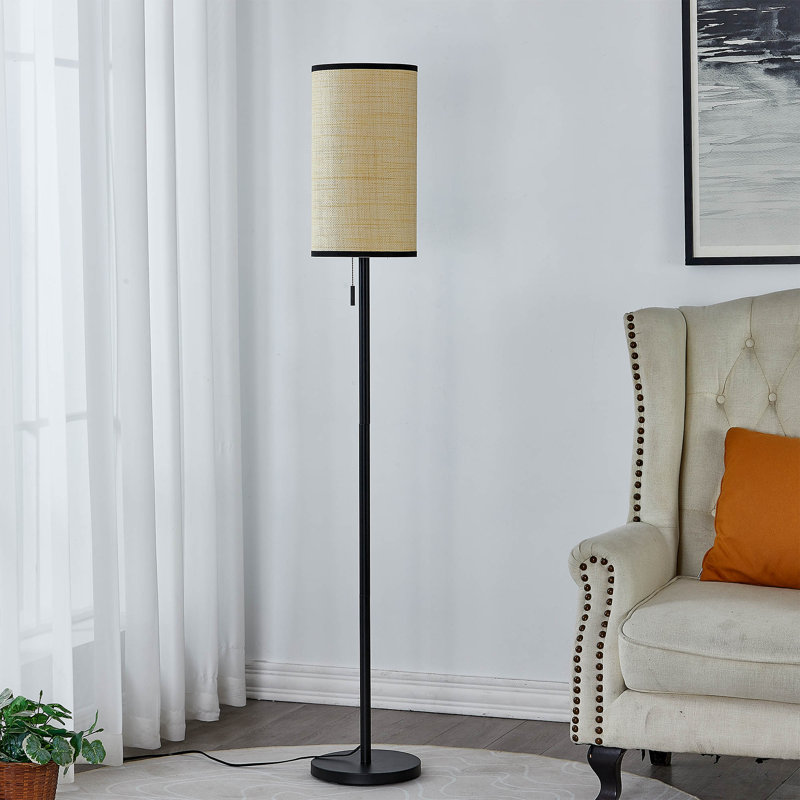 65 in. Matte Black Traditional Pull Chain Switch 1 Light Metal For Living Room Bedroom Reading Standing up Brass Floor Lamp Corner Tall Lights With Oatmeal Linen Drum Shape