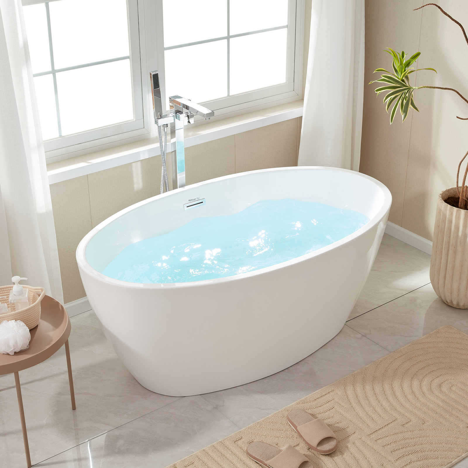 Freestanding Soaking Acrylic Bathtub, White/Classic Chrome, 22.8" H x 31.9" W x 55.1" L