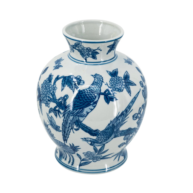 D6.5X8.5" Blue And White Porcelain Pedestal Vase With Nature-Inspired Motifs