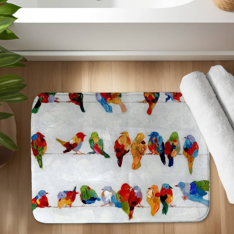 A lot of colorful birds on a wire Bath Mat with Non-Slip Backing - Quick Dry Memory Foam Bathroom Rug - Absorbent - Modern Plush Spa-Style - Machine Washable