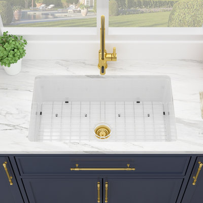 30" L x 18" W Ceramic Drop-in/Undermount Kitchen Sink, Single Bowl Kitchen Sink with Sink Grid and Basket Strainer