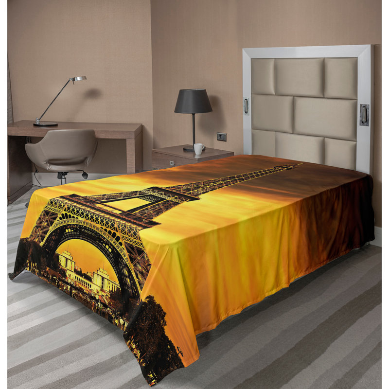 Drap plat Ambesonne Tour Eiffel Paris Love Sunrise jaune brun, Simple extra long