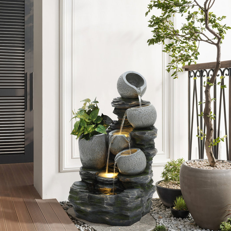 3-Tier Gray Pots on Stacked Rocks 2.5-Feet Tall Outdoor Polyresin Fountain with Lights and Gray Side Planter
