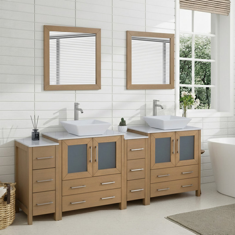  Modern 84" Double Bathroom Vanity Set with Mirror, Natural Oak