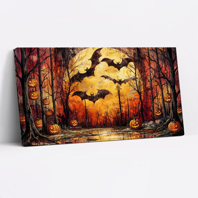 Toile brillante au clair de lune avec chauves-souris et art mural d'Halloween