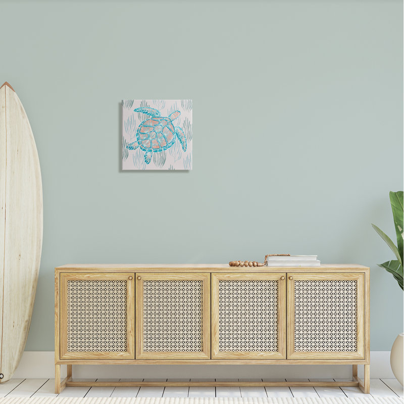 «Turtle de mer parmi les herbes de l'océan», art mural surdimensionné bleu orange par Ziwei Li an-194