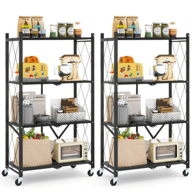 2pcs 4-tier Foldable Storage Shelving Unit W/4 Universal Wheels For Kitchen