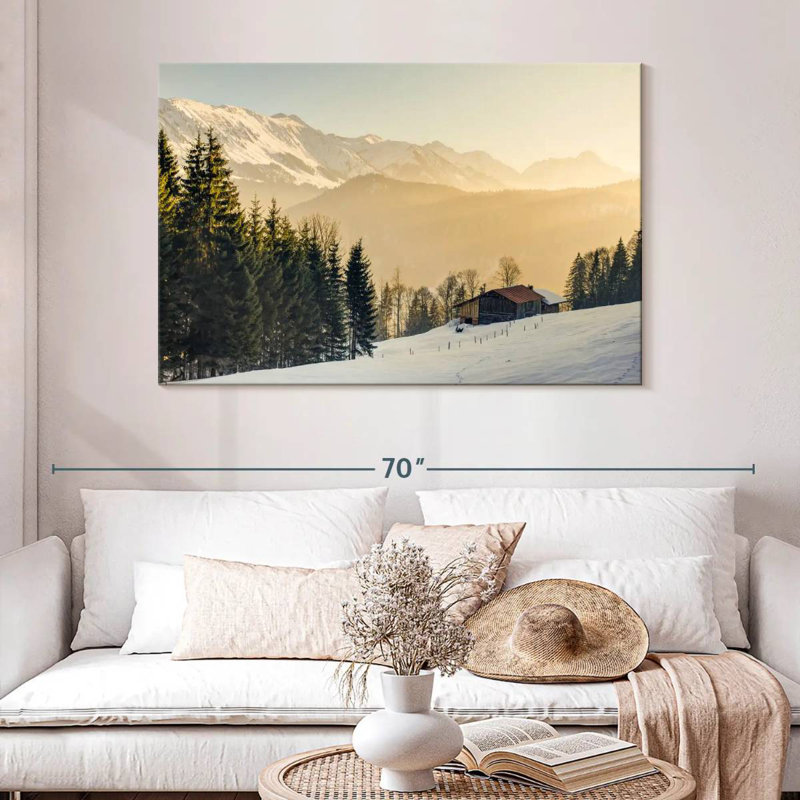 Chalet en bois Alvord dans la montagne enneigée, H 32 po x l 48 po
