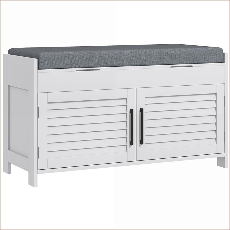 Shoe Bench with Storage, Cushion &amp; Shutter Doors, 35.4” Modern Ivory Entryway Bench | Ivory | MDF