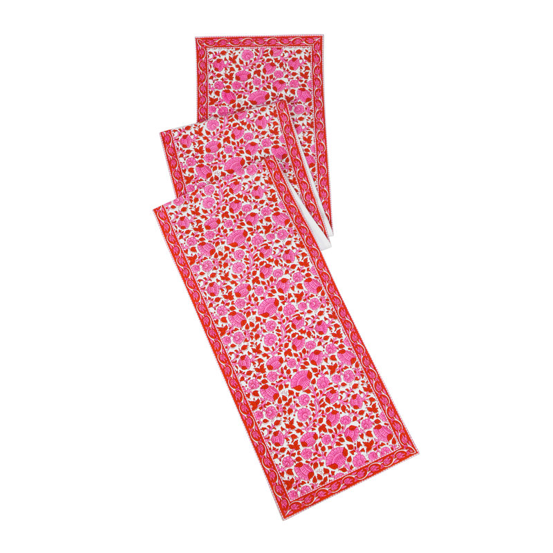 Crimson Infusion Block Print Cotton Table Runner, Red/Pink