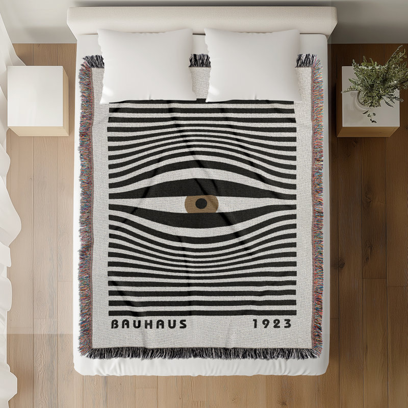Jeté en mélange de coton Bauhaus, L 60 po x l 60 po, Beige / noir / blanc cassé